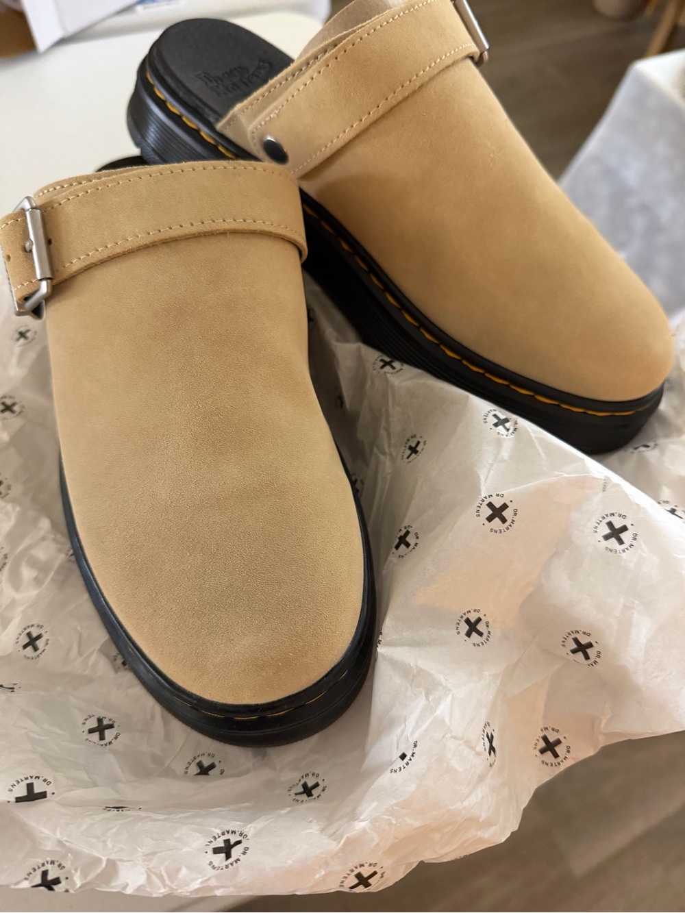 Dr. Martens Tan Slip-On Clog with Black Sole and Yellow Stitching